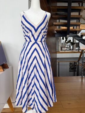 Milly Blue and White Striped V-Neck Midi Dress